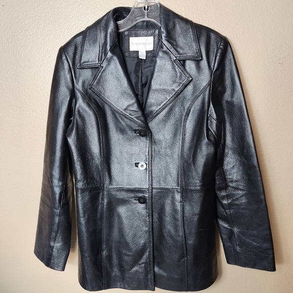 Worthington Womens Black Leather Notch Collar Buttonfront Jacket-Size S - Picture 1 of 11